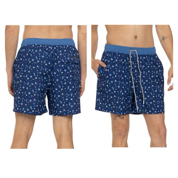 New Cocktail Print Rainforest Blue Volley Swim Trunks Mens Large Quick Dry Beach - Picture 1 of 14